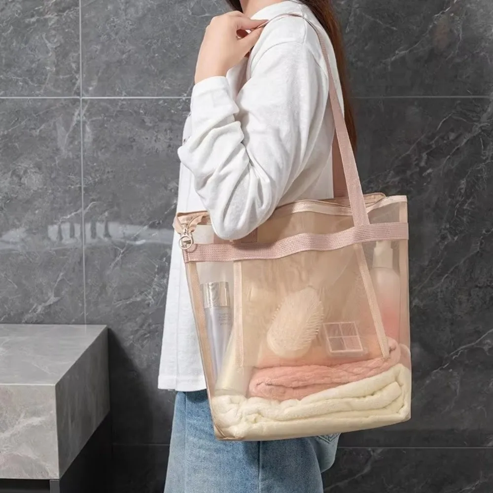 Large Capacity Mesh Beach Bag Lightweight Foldable Mesh Tote Bag with Zipper Breathable Wash Bag