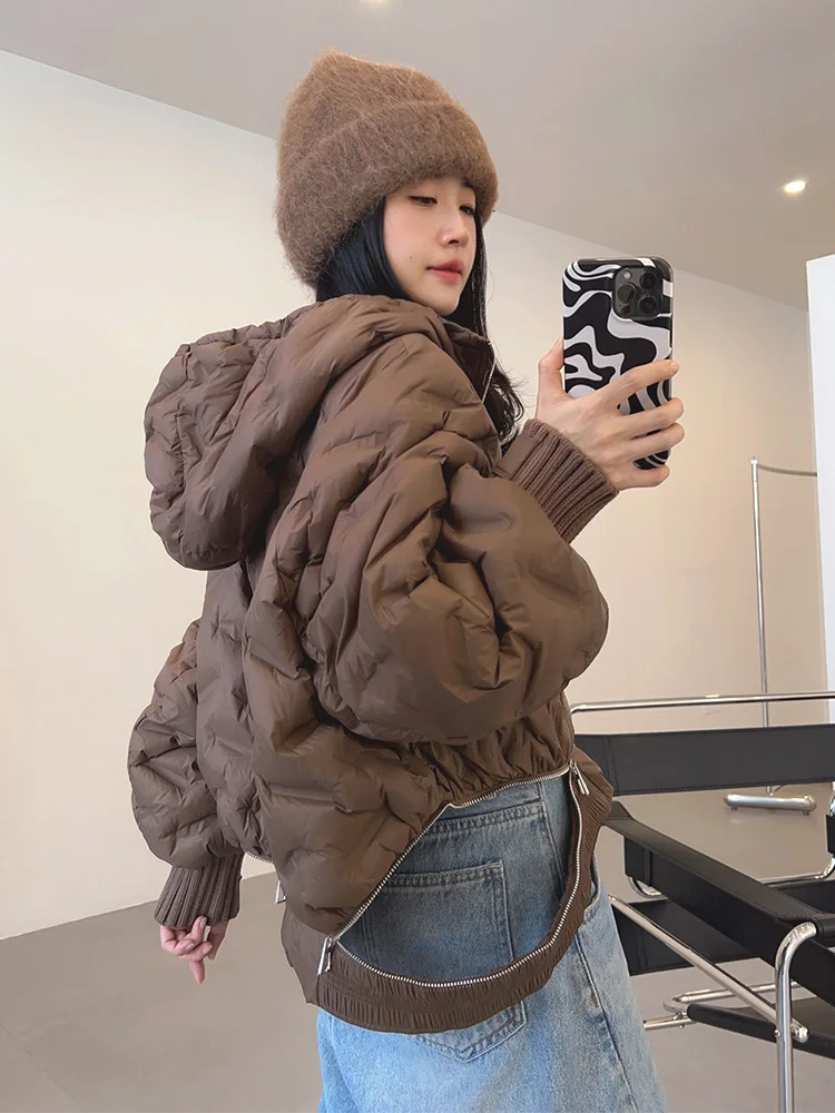 Women Short White Duck Down Jacket Winter New Korean Hooded Pleat Long Sleeve Zipper Hollow-out Warm Puffer Jackets Trend Autumn