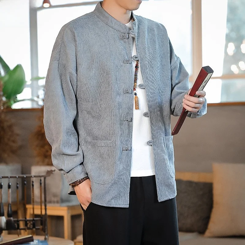 

Chinese Style Men's Corduroy Long Sleeve Shirt Loose Fit Autumn Winter Retro Zhongshan Suit Large Size Men's Fashion Shirt