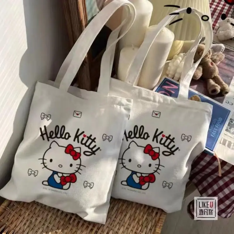 Hello Kitty Canvas Bag Sanrio Kawaii Anime Cartoon Cute Student Book Handbag Shopping Book Storage Bag Kids Toys Girls Gifts