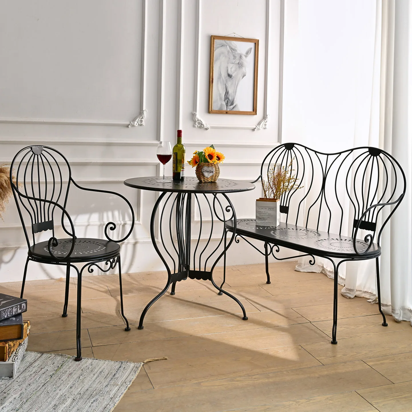 

Комплект из трех предметов: кованый стол и стулья для балкона, отдыха на открытом воздухе, сада, кафе, кафе-мороженого