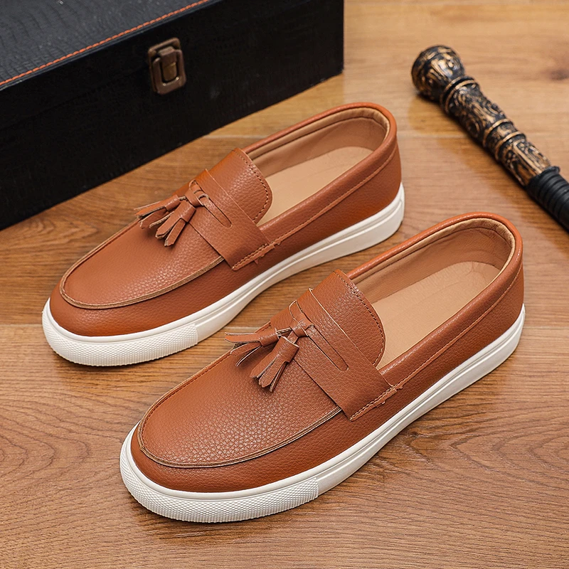 Men's Casual Loafer Shoes for Spring and Autumn, Leather Slip-on Moccasins for Office, Comfortable One-Pull Party Fashion Sneake