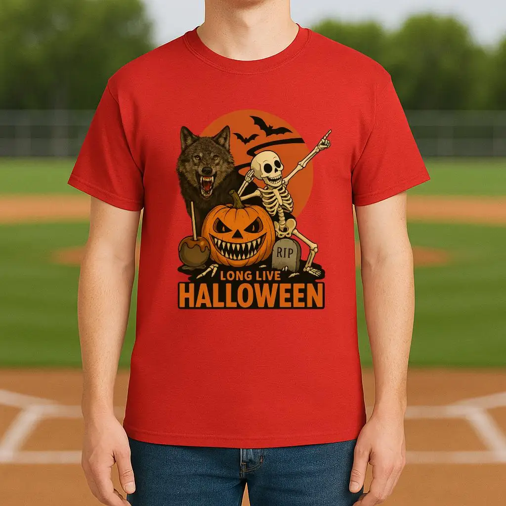 

Рубашка для Хэллоуина Long Live — футболка с рисунком жуткого скелета, волка и тыквы — жуткая забавная одежда ужасов