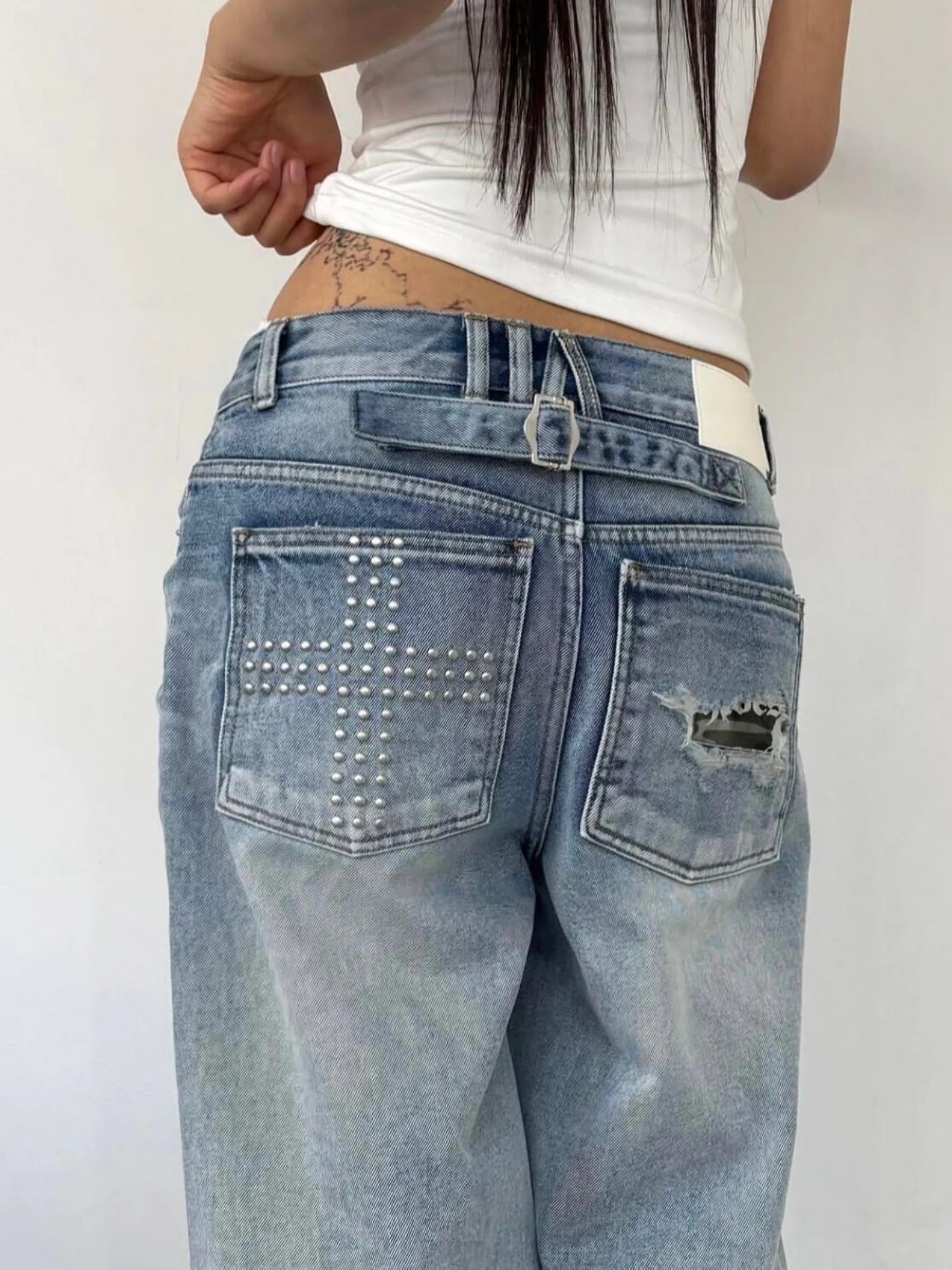 Retro American Large Size Jeans Women's Loose Casual Straight Leg Wide Leg Denim Pants with Rivet Cross Waed Long Trousers
