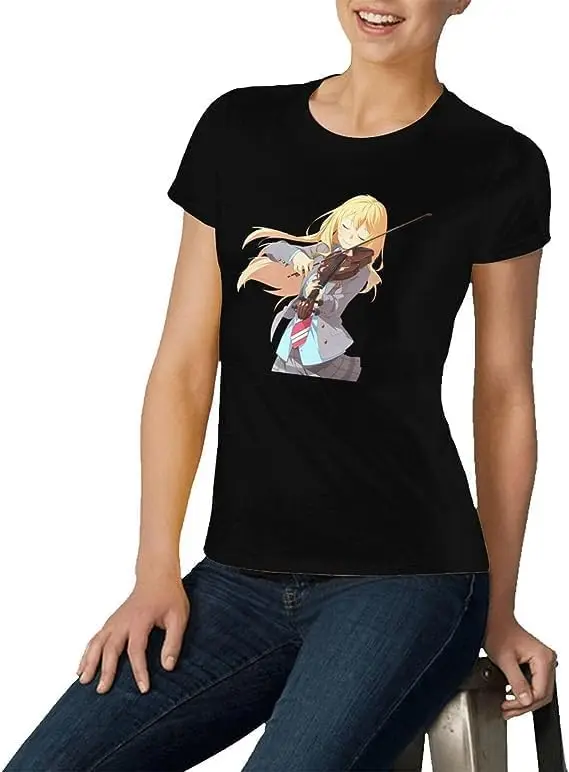 Your Lie Anime in April Shirt Women's Fashion Short Sleeve Cotton T Shirts Quick Dry Pattern Custom Tee Tops Black