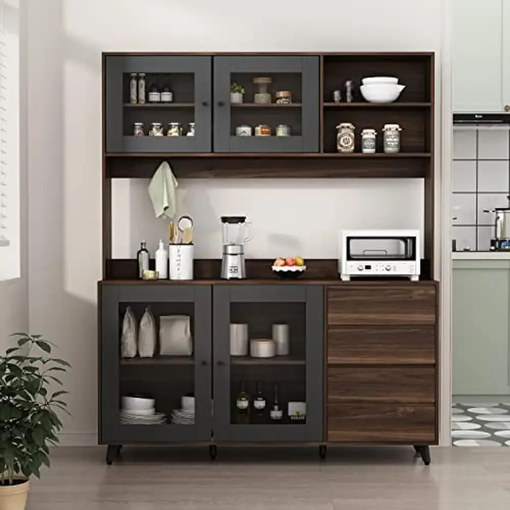 Kitchen Storage Cabinet with Glass Doors & Drawers Spacious Rustic Pantry Appliances and Tableware Durable Metal and MDF