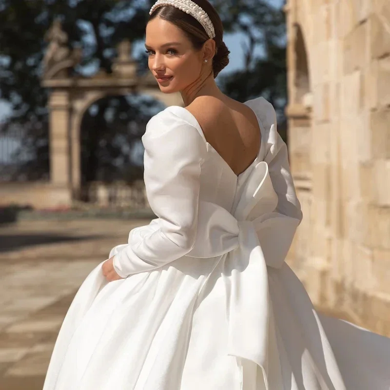 Luxuriöses Hochzeitskleid, schlichtes Satin-Schnürkleid mit großer Schleife, klassischer V-Ausschnitt, lange Ärmel, rückenfrei, Braut-Abschlussballkleid, Vestidos de Novia