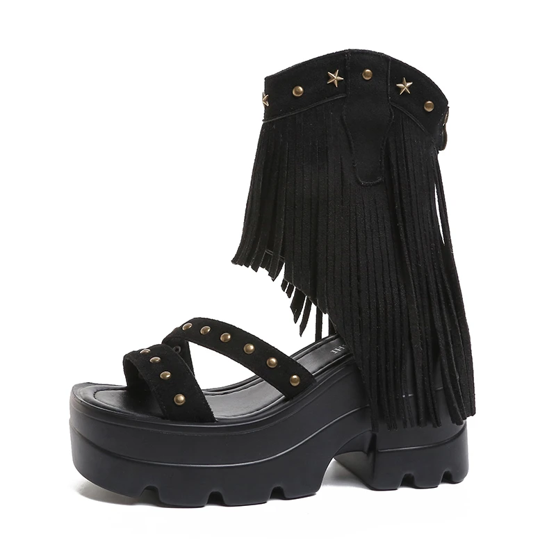 

10cm Heightened Block Heel Tassel Fashion Sandals 2026 Summer Hollow Breathable Wedges Roman Cooling Ankle Boots Large size 42