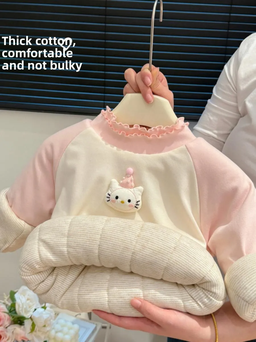 Camiseta de Algodón de Doble Capa para Niñas, Otoño Invierno, Ropa Infantil Cálida, Moderna y a la Moda