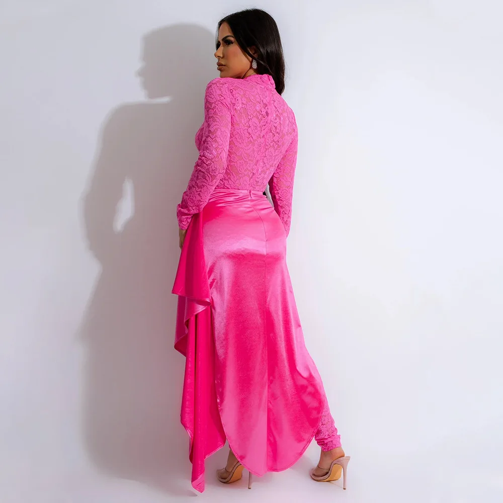 Sexy Solid Color Round Neck Long Sleeved Slim Fitting Jumpsuit Paired with A Lace Up Half Body Cape Skirt 2 piece Set for Women