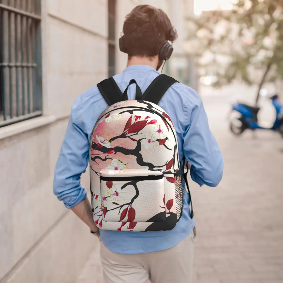 Blooming Sakura Branch Cherry Blossom Japanese Flower Student Backpack School Bag Hiking Travel Daypack Bookbag Shoulder Bags