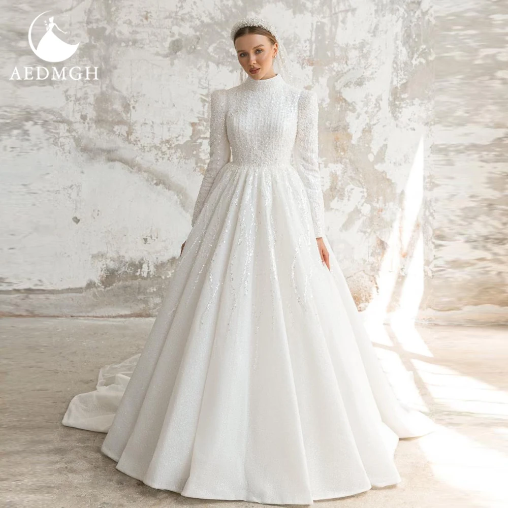 Aedmgh A-Line Abiti da sposa vintage Collo alto Manica lunga Vestido De Novia Abito da sposa musulmano su misura con paillettes in rilievo di pizzo