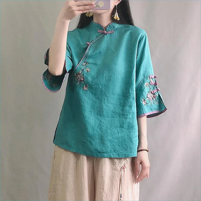 Novo outono multicolorido sete quartos das senhoras camisa de linho algodão blusa chinês tradicional feminino formal topo ttang traje hanfu