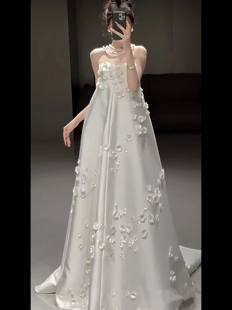 

Princ Sle Satin Wedding Dr Women's New 2026 Luxury Light awl Travel Photoaphy Gown Floral Embroidery mid Waist