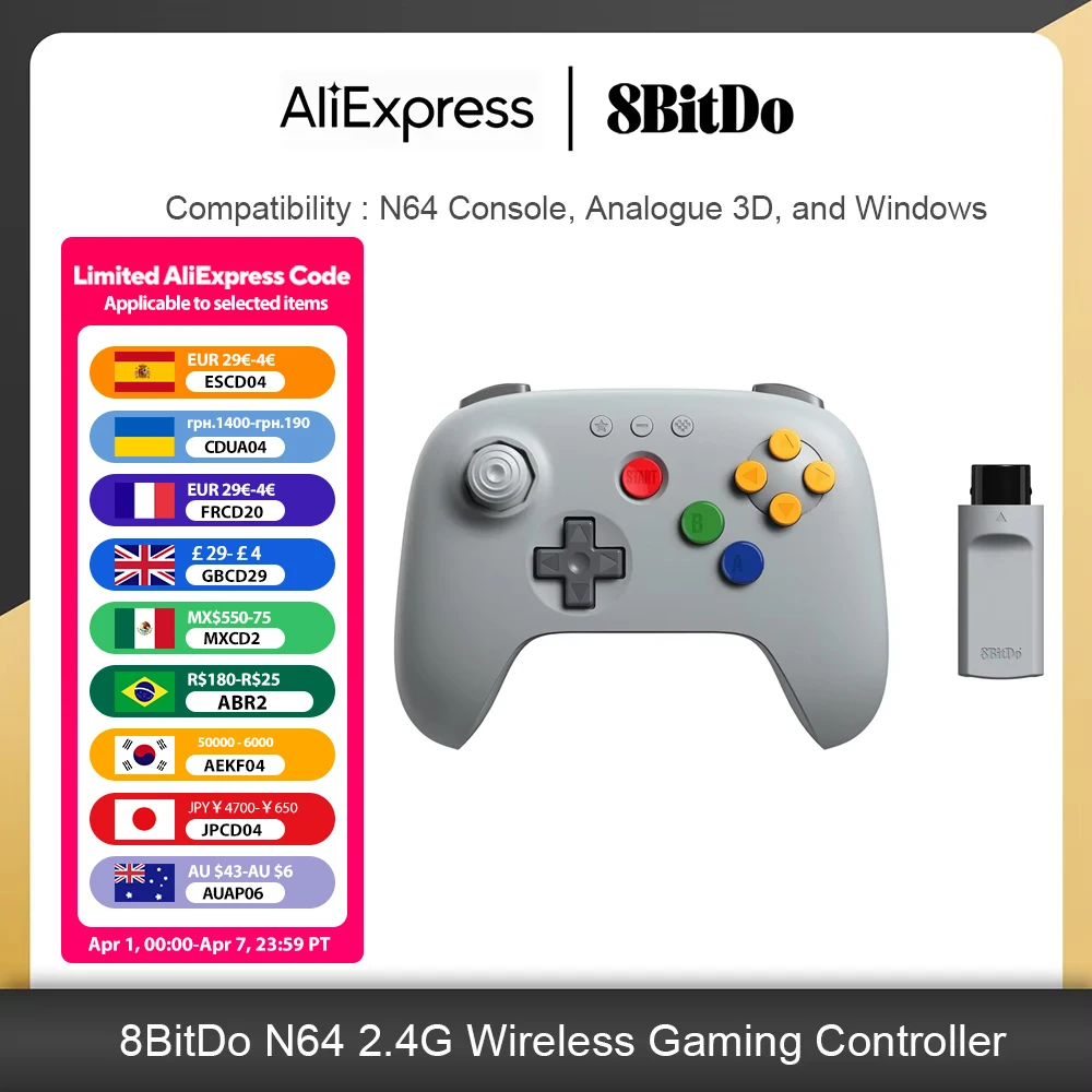Manette de jeu sans fil 8BitDo N64 2.4G avec adaptateur pour console N64 originale, analogique 3D et Windows