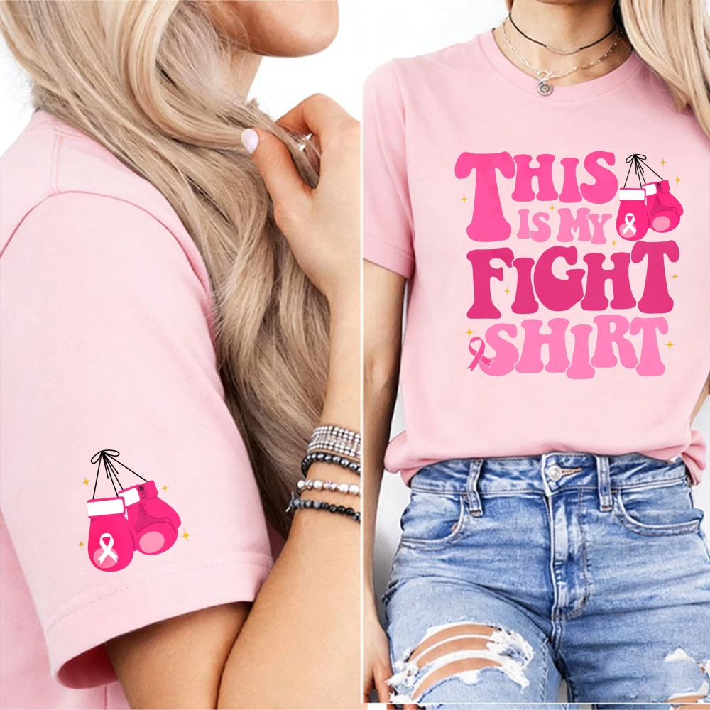 This Is My Fight Shirt Boxing Glove Front Print Boxing Gloves Cuff Graphic Breast Cancer Awareness Crew Neck Casual Summer Tees