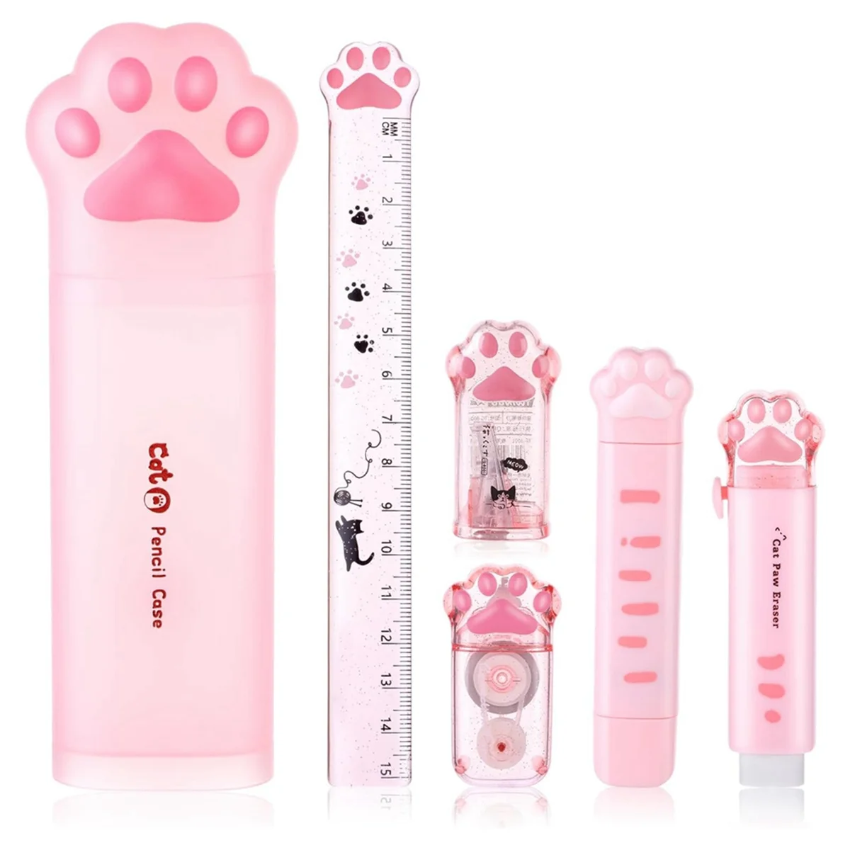 2025+ Cute Cat Stationery Set, 6 Pcs Kawaii Cat Stationary Kit Pencil Sharpener Retractable Eraser Correction Tape Ruler