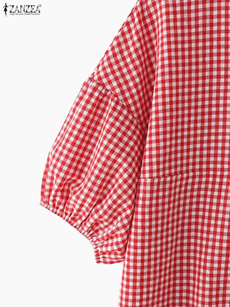 ZANZEA Lässige Gingham-Blusen für Damen, Sommer 2022, O-Ausschnitt, kurze Laternenärmel, karierte Babydoll-Oberteile, Alltagskleidung, Damenbekleidung, 3XL
