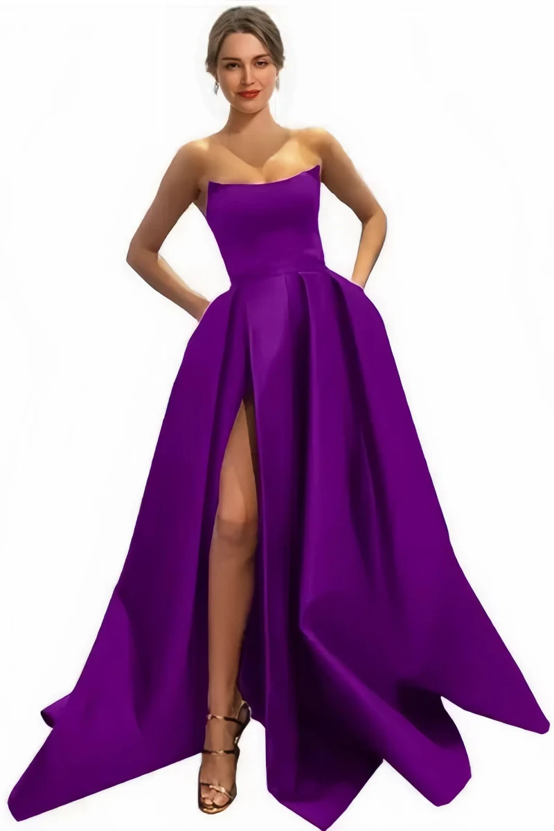 Womens Long Strapless Satin Prom Dress Sleeveless Slit Evening Ball Gown with Pockets Formal Occasion Guest Gown