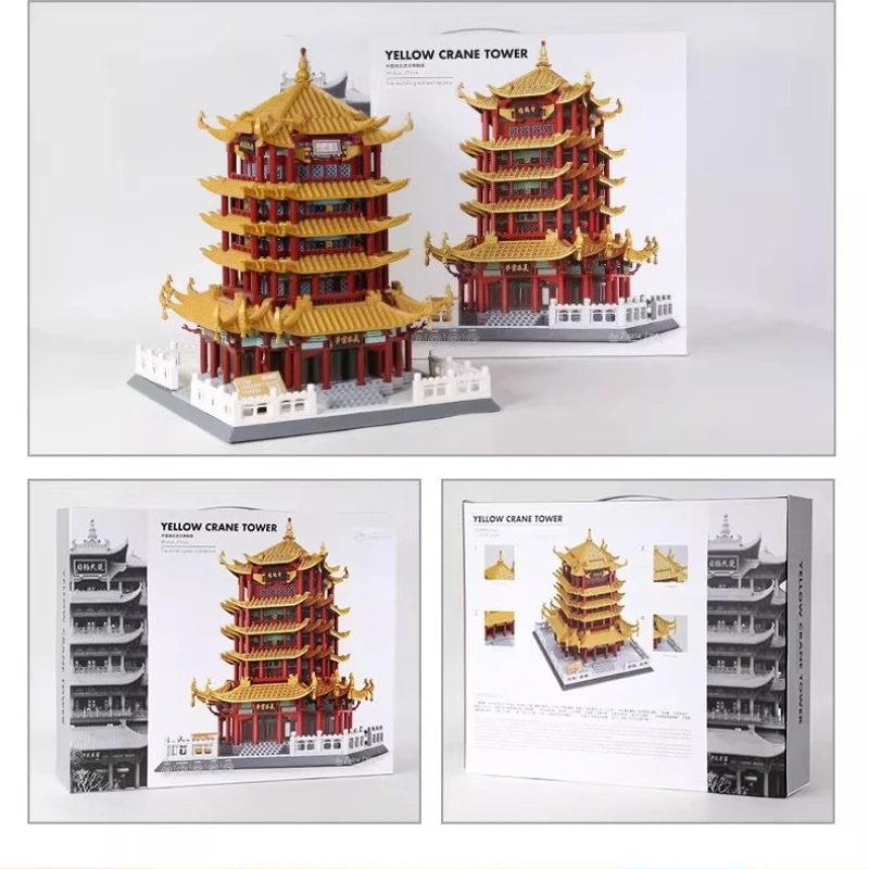 SEMBO gele kraantoren bouwstenen met de hand geassembleerde architectonische modellen van vier beroemde gebouwen, trendy speelgoed en ornamenten
