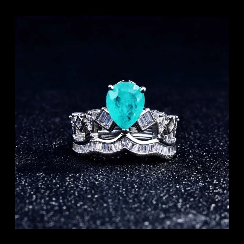 مجموعة بارايبا المقلدة المباشرة، قلادة التاج الماسية الكاملة الفاخرة، أقراط على شكل كمثرى، حلقة مفتوحة.