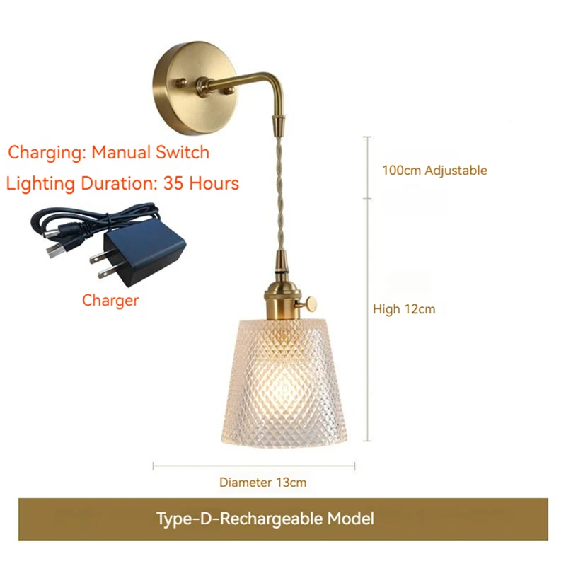 Scandinavian Home Led Wall Lamp With Battery Switch Brass Glass Sconce For Bathroom Kitchen Bedside Wall Light Indoor Decor E27