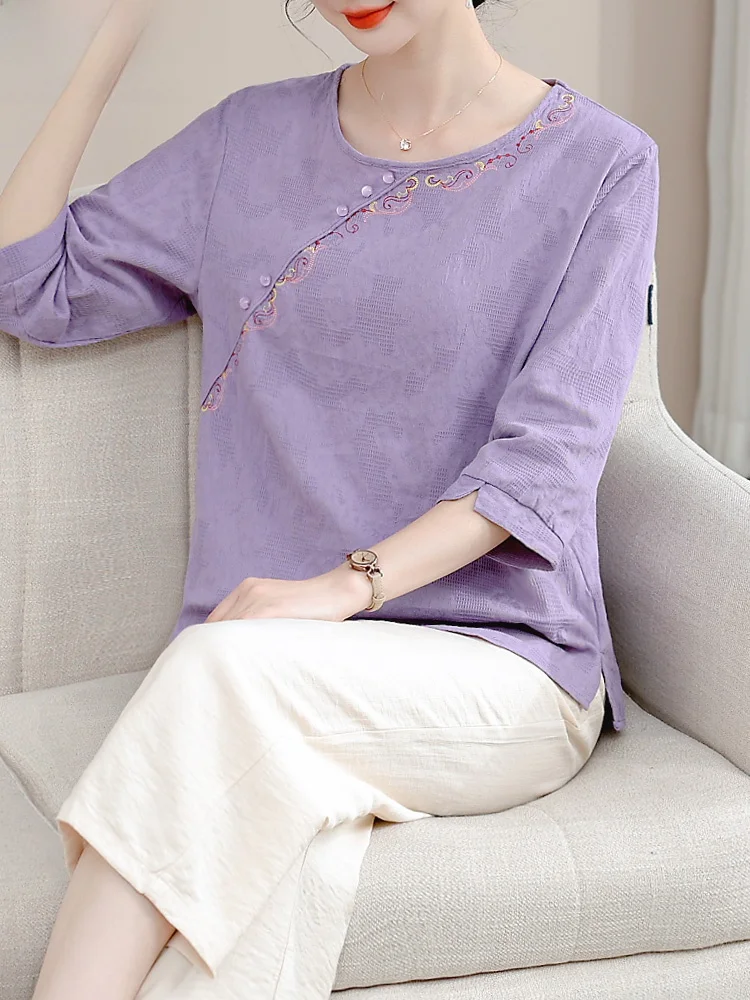 

Faionable Cotton Linen Set Women's Casual Tee Quarter Sve Top Bot Ensemble for Middle-Aged And ly