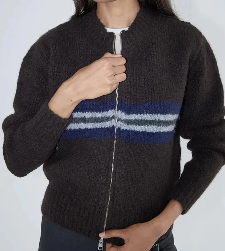 

Women's O-Neck Knit Sweater Coat Horizontal Striped Jacquard with Double Zippers Wool Blend Cardigan for Fall Winter
