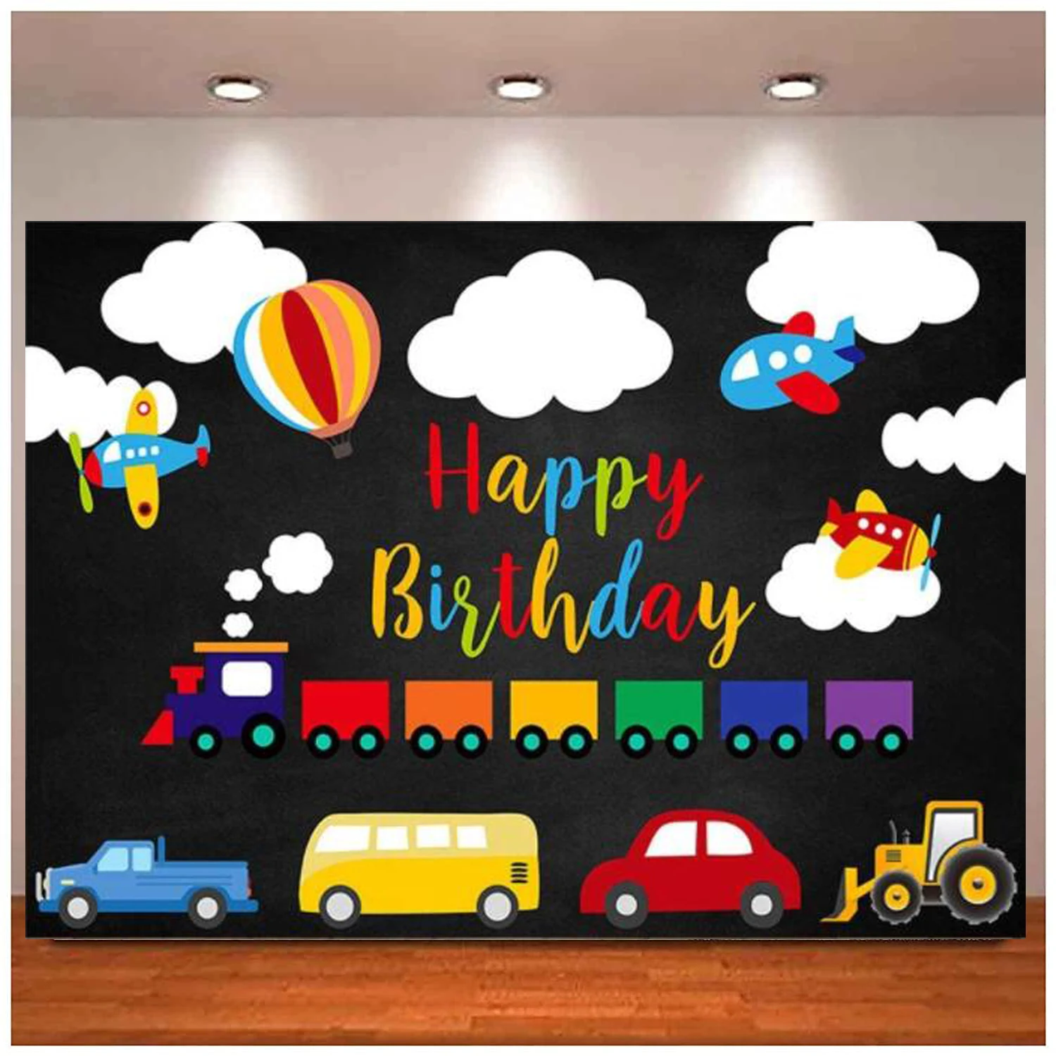 

Transportation Chalkboard Photography Backdrop Train Airplane Car Bus Truck Happy 1st Birthday White Cloud Black Background