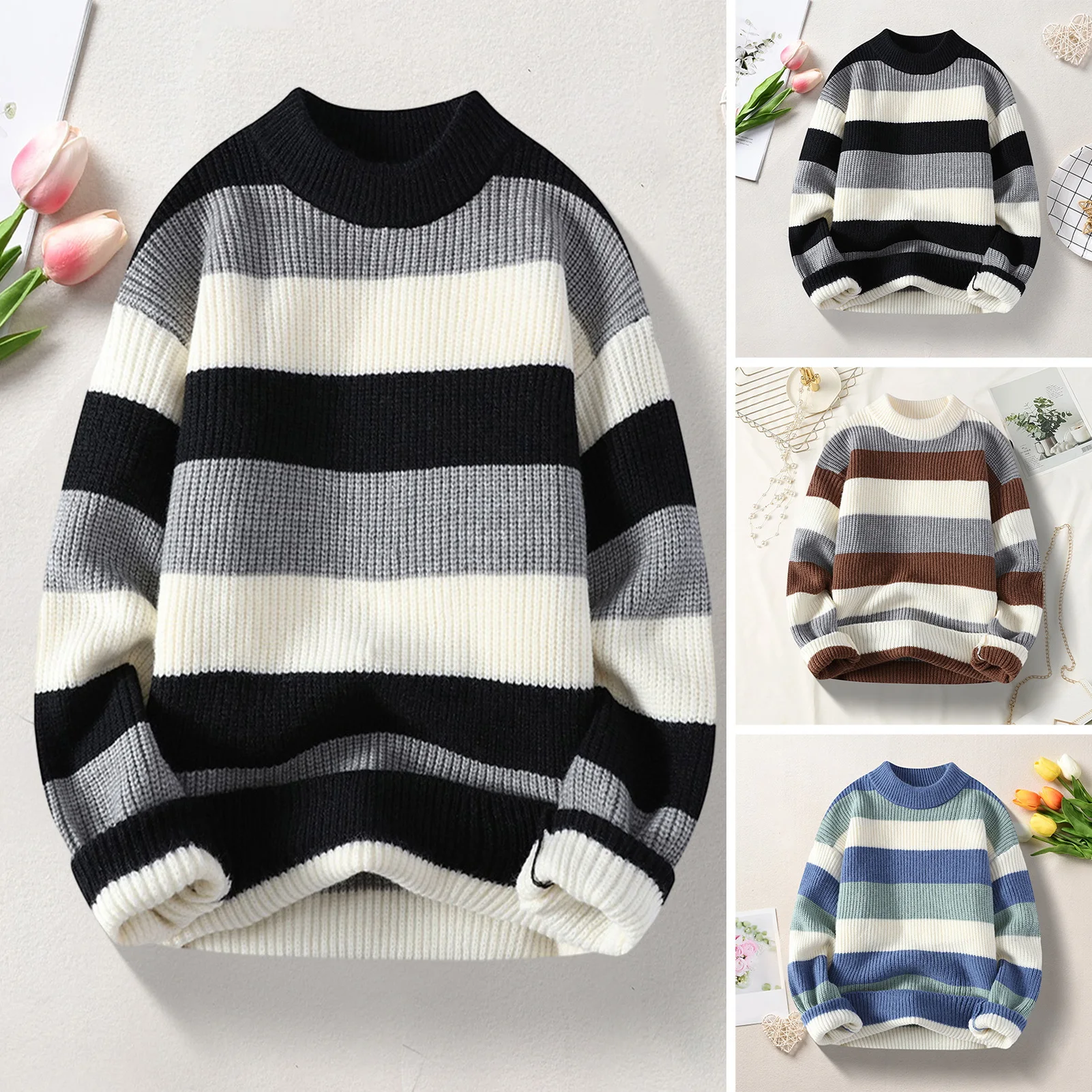 Men Sweater with Half-high Collar for Fall Warm Pullover for Wear Sports Colorblock Knitted Sweater