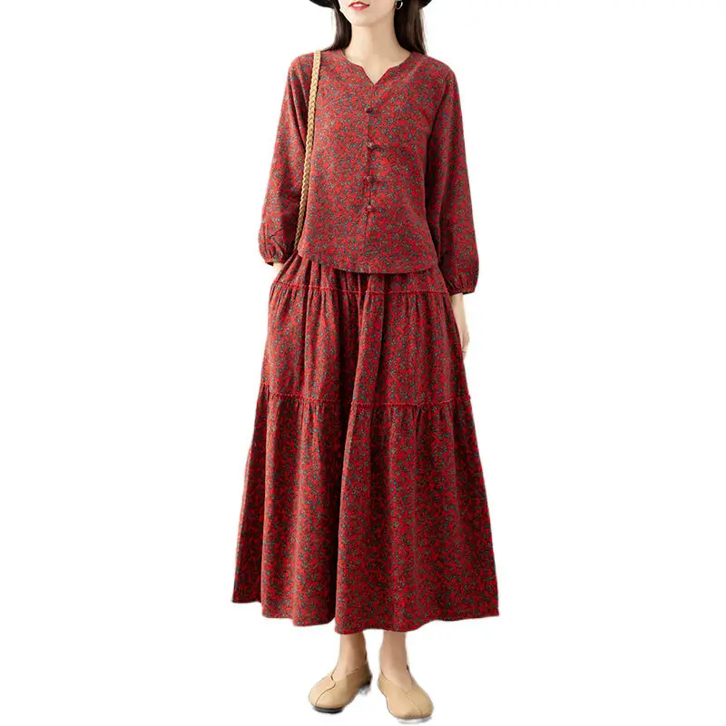Spring Autumn Women\'s National Style Shirt + Skirt Floral Long Skirt Set Vintage Literature Cotton Linen Suit Women Outfit T2040