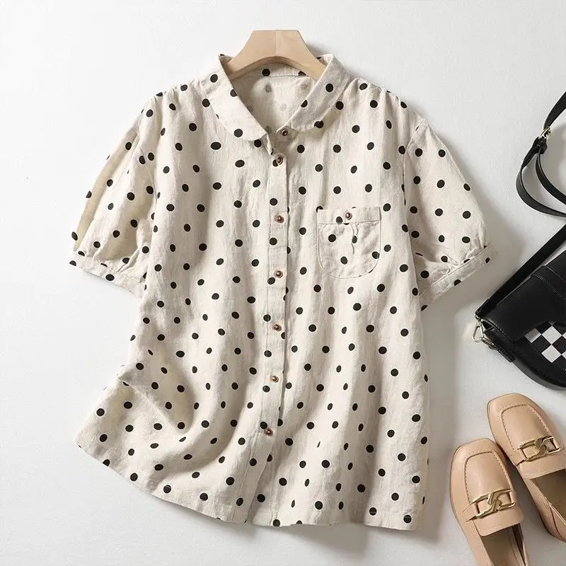plus Size Polka Dot Short Sleeve Shirt Women's Loose Outerwear Spring Summer Floral Print Casual Commute Style Button Closure