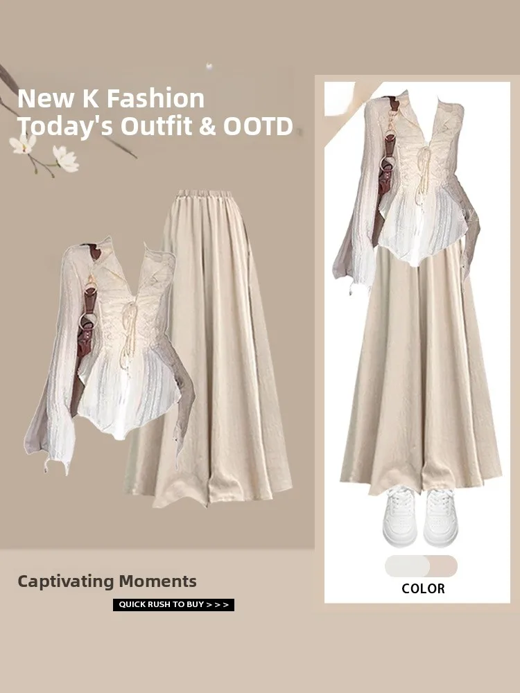 

Женский модный комплект нового дизайна 2025, широкая юбка с высокой талией, брюки V-Ne, длинная застежка на пуговицы све, эффект похудения