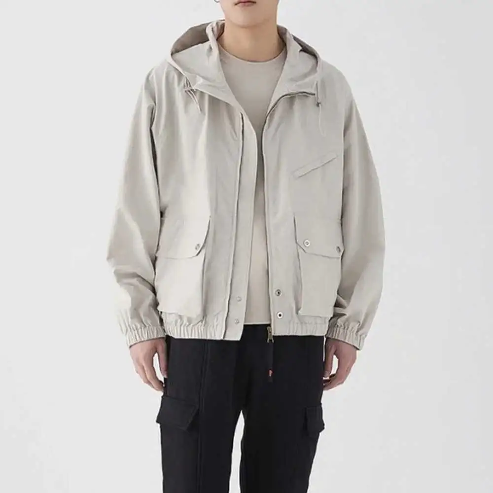 

Casual Loose Fit Thin Hooded Jacket Men's American Style Flight Jacket Wide Version Men's Cotton Polyester Blend Long Sleeve