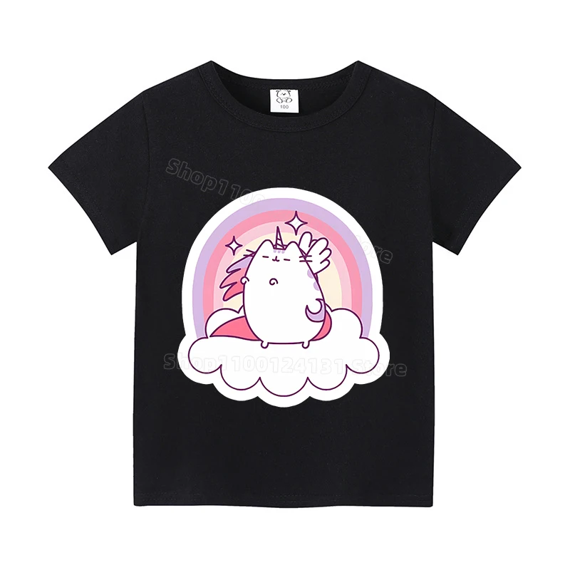 Pusheen Cat T Shirt for Girls Boys Kawaii Cartoon Children\'s Clothes Cotton T-shirt Pink Tee Tops Cute Anime Clothing Kids Gift