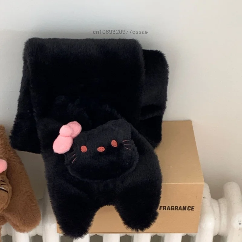 Sanrio Hello Kitty sciarpa di peluche nera soffice Y2k donna sciarpa di cotone simpatico cartone animato sciarpa di peluche invernale croce sciarpa