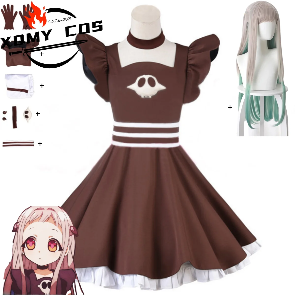 

XQAnime унитаз Ханако-Кун Яширо Нене косплей костюм коричневое платье принцессы без рукавов парик женский милый карнавал Рождество S