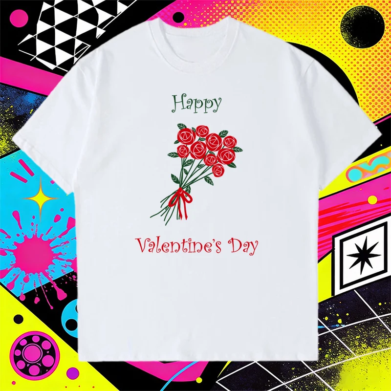 

Happy Valentine's Day Bouguet Of Red print Couples short sleeve T-shirt Unisex Trend Cotton Tops Men Women short sleeve T-shirts