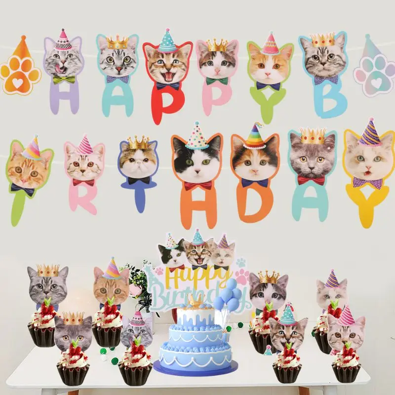 

Pet Cat kids Birthday Party Decoration Happy Birthday Banner Cute animal Cat Theme Cake Toppers Dessert Dress Up Supplies Gifts