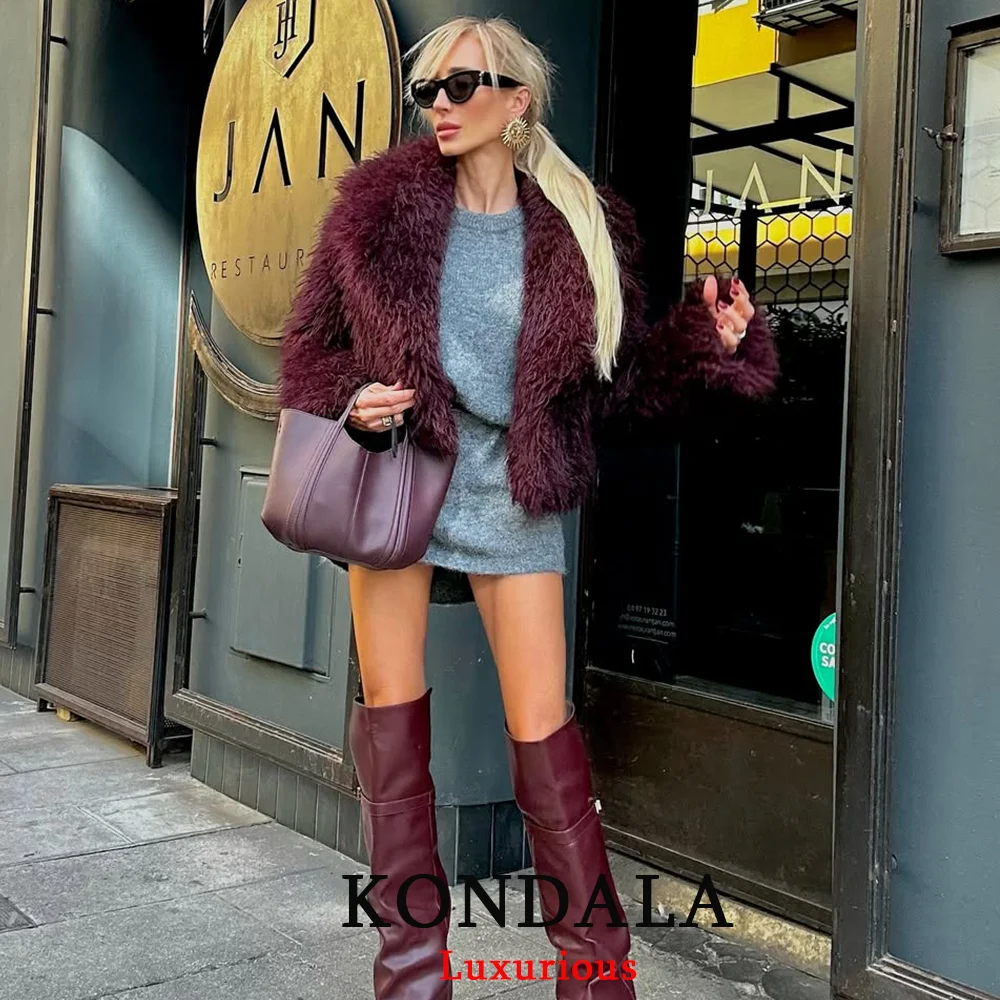 KONDALA سترات نسائية أنيقة غير رسمية باللون الأحمر البوردو بأكمام طويلة معاطف قصيرة وسميكة وناعمة موضة خريف وشتاء 2025 ملابس خارجية #4