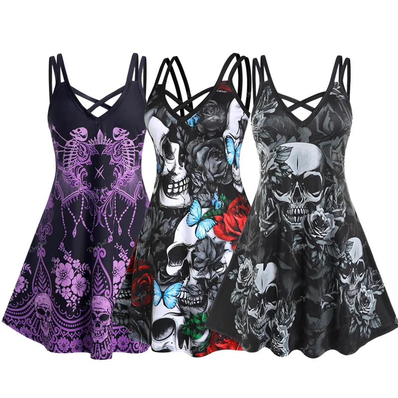 Sukienki na Halloween drukowane w 3D, plus size, sukienka z nadrukiem czaszki, letnia, codzienna sukienka bez rękawów, Vestidos 5XL