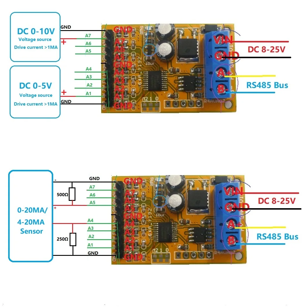 R4AVA07 7CH 5V 10V แรงดันไฟฟ้า Analog Acquisition RS485 Modbus RTU โมดูลสําหรับ PLC Oscilloscope ADC 4-20MA เซนเซอร์การตรวจสอบ