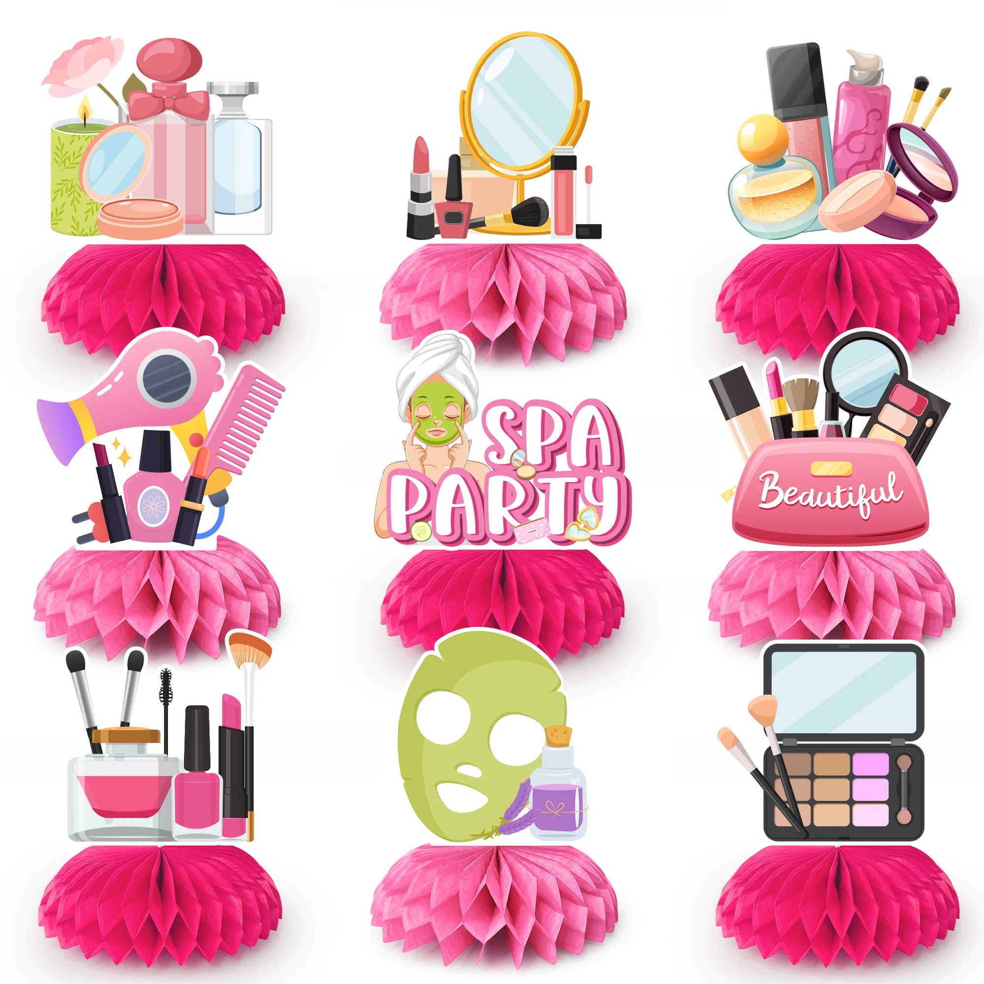 Decoraciones para fiestas de spa, centros de mesa de panal de spa de 9 piezas, decoraciones de mesa de maquillaje, centros de mesa de cumpleaños de spa, centro de mesa del día de spa