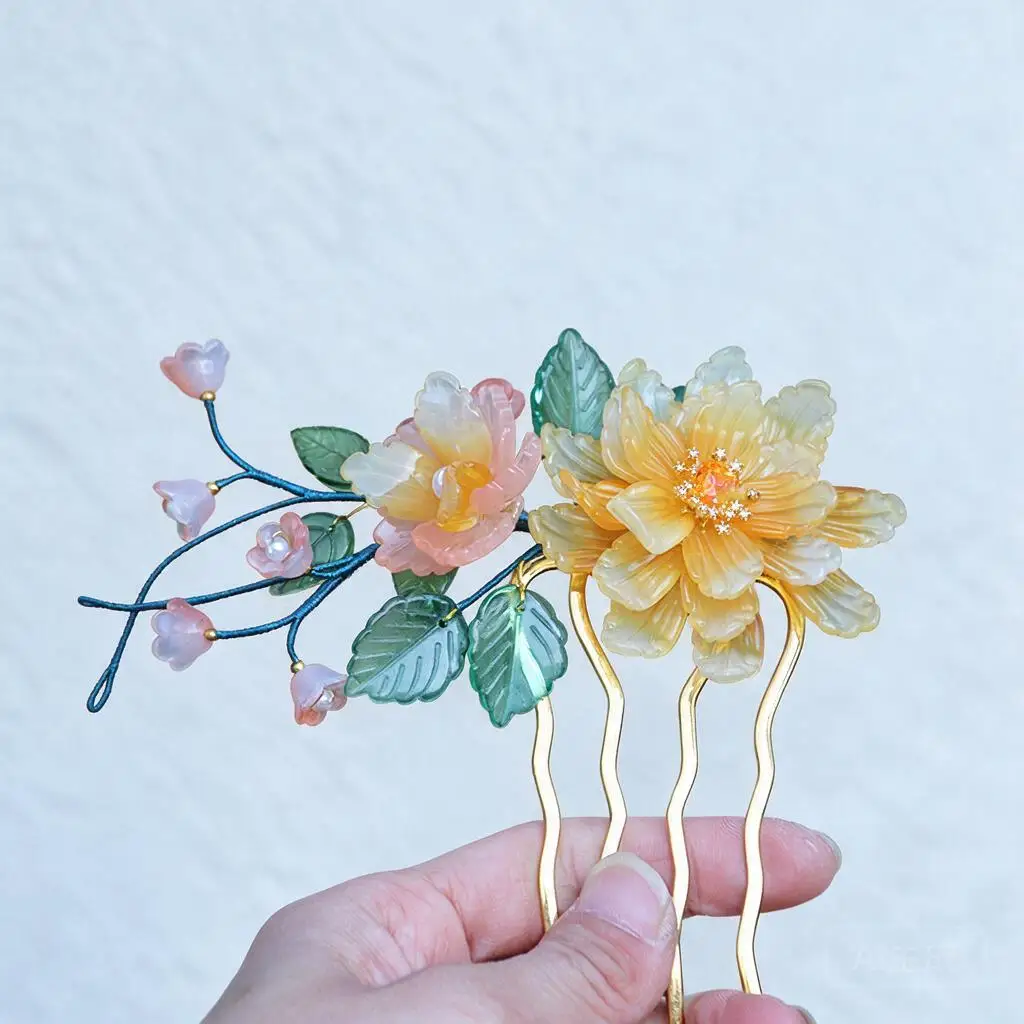 Large Vintage Chinese Hanfu Hair Comb Yellow Glass Flower Updo Hair Fork Ancient Costume Hair Pin For Women Daily Wear Cosplay