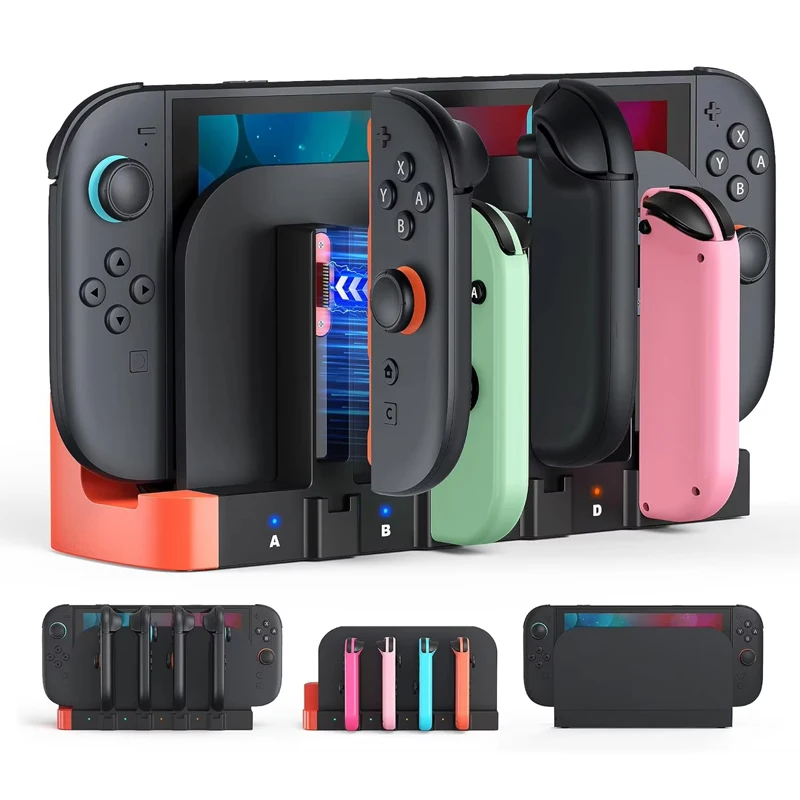 

For Switch 1/2/OLED Charging Dock 8-in-1 Magnetic Controller Station with LED Light for 4 Joy-Con Fast Charger USB Hub Accessory