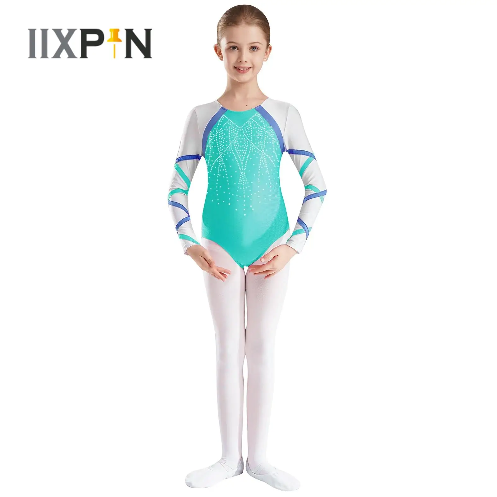 

Kids Girls Glittery Rhinestones Gymnastics Ballet Leotards Long Sleeve Contract Color Bodysuit Skating Stage Performance Costume