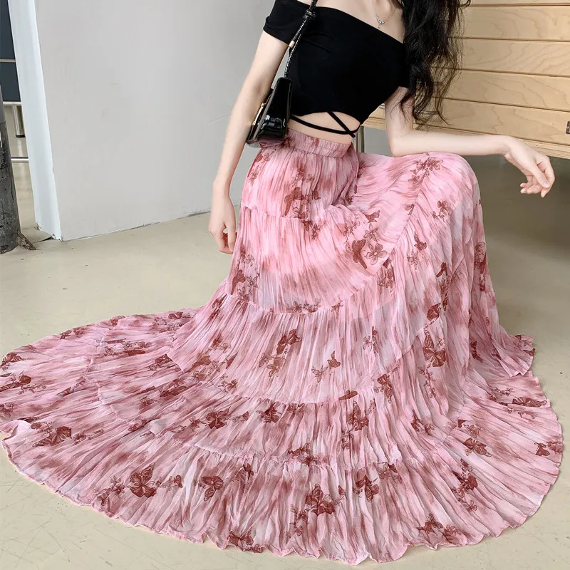 

Retro Beautiful Floral Patchwork Pleated Skirt Women's Draped Midi Length Chiffon Umbrella Skirt High Waist A-Line Skirt
