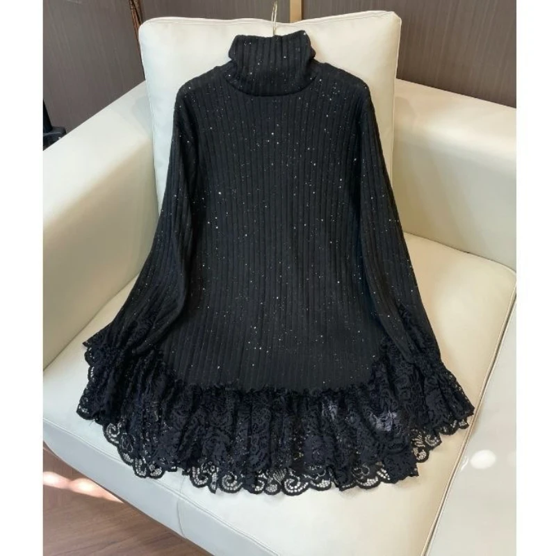 Jesienno-zimowe swetry damskie o średniej długości z golfem, nowa moda 2025, luźne, codzienne, koronkowe pulowery, bluzki, odzież wierzchnia damska.