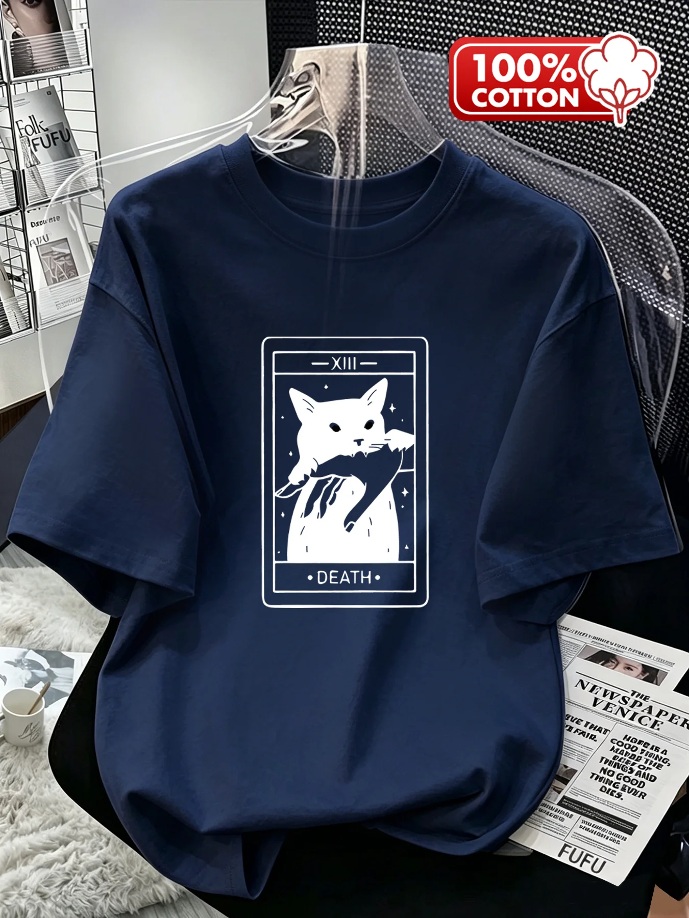 Tarot DEATH Black Cat Hugging Rabbit Simple Pen Printed Women's T-shirt Retro Casual Round Neck Top Summer Street Daily Style