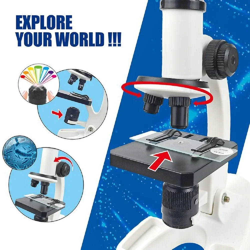 Kit de microscópio infantil led300x600x1200x, casa, escola, ciências, educação, brinquedo, presentes, exploração de biologia ao ar livre para meninos e meninas
